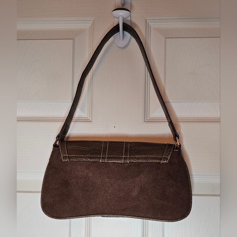 Daisy Fuentes Brown Suede Shoulder Bag Y2K Croc Trim Gold Hardware - Picture 2 of 4